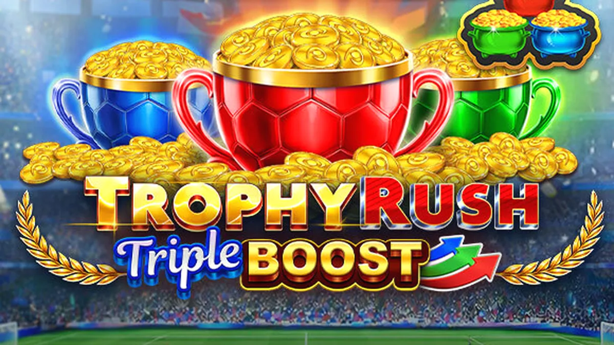 Antarmuka seluler game slot Trophy Rush Triple Boost yang menampilkan fitur Golden Coins